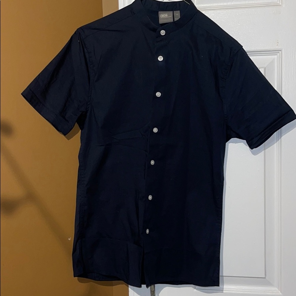 Navy Blue button down grandfather collar slim fit